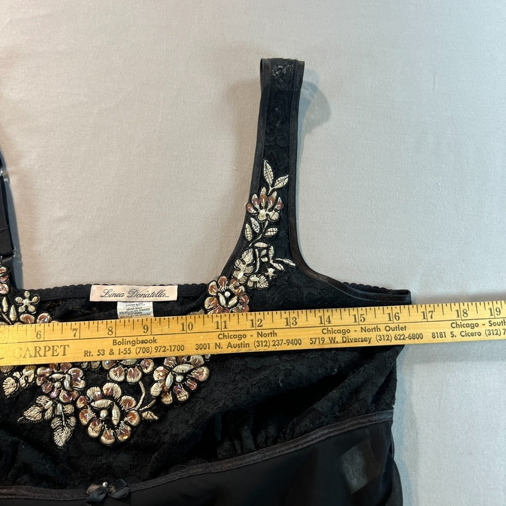 Linea Donatella Black Lace Sheer Chemise Lingerie M Beaded‎ Floral Appliqué - Picture 8 of 9